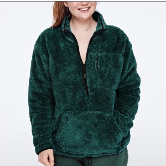 PINK Victoria's Secret Jackets & Blazers - Dark Green PINK Teddy Half Zip